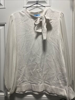 CeCe Cream Tie-Neck Sweater with Sheer Long Sleeves